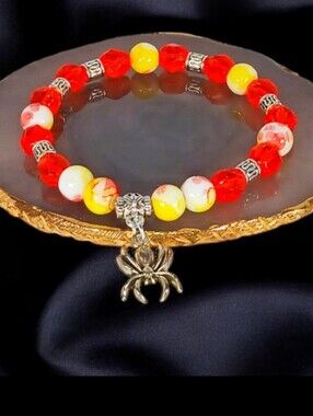 Orange White Yellow Stretch Bracelet with Spider Charm Halloweencore Street Y2k